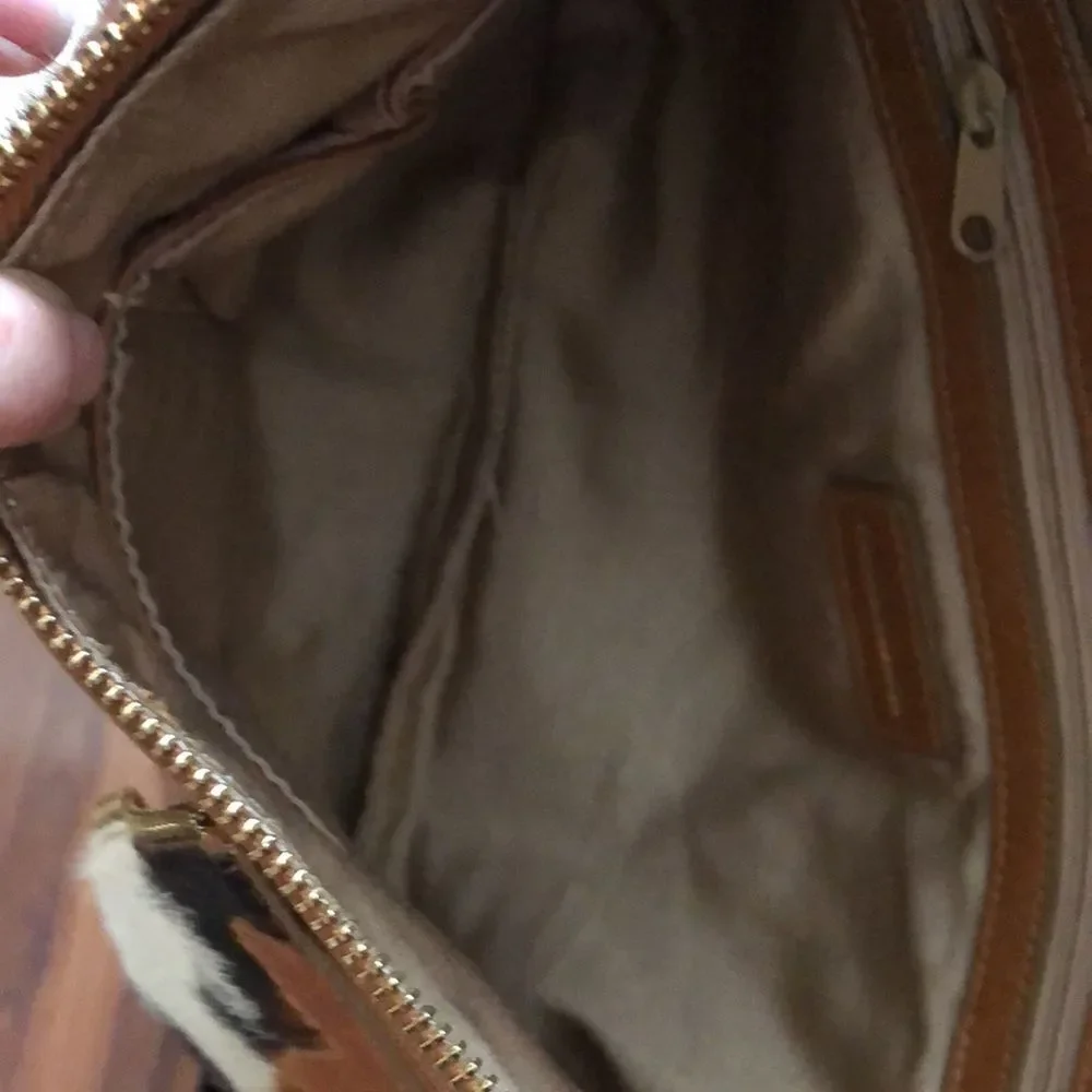 Sondra Roberts Tan, Brown & White Hobo Bag with Haircalf Accents